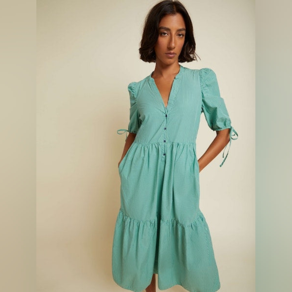Nation LDT Dustin Romantic Midi Dress Havana Green Stripe M Cottage Core Cotto